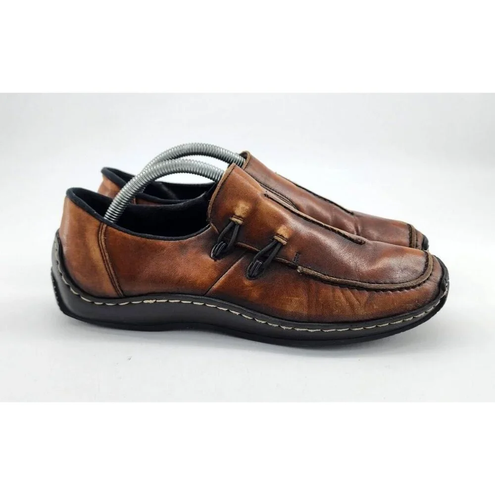 Rieker Women's Celia Square Toe Slip On Loafer Comfort Shoes Brown Leather Sz 39